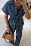 Button Detail Belted Blue Denim Shirt / Pants Set - 2