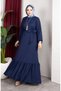 Bürümcük Fabric Striped Belted Hijab Dress 0908-05 Navy Blue