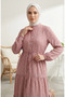 Floral Patterned Belted Hijab Dress 0299-02 Powder - 3