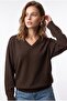 7037 Women's V-Neck Wool Blend Relaxed Fit Sweater Brown - 5