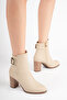 Women's Genuine Leather Buckle Heeled Boots - Beige - 2