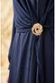 Satin Fabric Hijab Evening Dress with Brooch on the Waist 5811-01 Navy Blue - 4