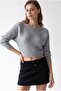 7039 Women's Horizontal Ribbed Boat Neck Crop Knit Sweater Gray