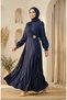 Satin Fabric Hijab Evening Dress with Brooch on the Waist 5811-01 Navy Blue