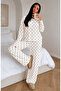 Women's Long Sleeve Report Fabric Embellished Soft Pajama Set – Relaxed Fit Crew Neck Bottom Top Set - 2