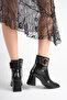 Women's Gold Ring Detailed Square Toe Black Thick Heeled Boots & Booties - 5