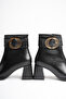 Women's Gold Ring Detailed Square Toe Black Thick Heeled Boots & Booties - 8