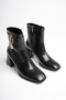 Women's Black 7cm Thick Heeled Boots & Booties with Gold Accessories and Zipper