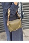 Women's Khaki Scarf and Chain Detailed Shoulder Bag with Cross Strap, Zipper, Baguette Handle, and Handbag - 3
