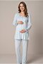 Women's Blue Long Sleeve Lace Maternity Pajama Set for Easy Breastfeeding - 2