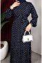Viscose Fabric Polka Dot Belted Hijab Dress 0901-02 Navy Blue - 5