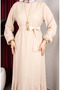 Bürümcük Fabric Sleeve Elastic Belted Hijab Dress 0911-09 Beige - 5