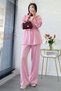 Women's Premium Waist Gathered Ribbed Detail Double Face Trousers Set - Pink - 4
