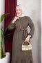 Bürümcük Fabric Sleeve Elastic Belted Hijab Dress 0911-03 Khaki - 4