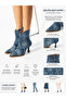 Women's Navy Blue Code Fabric Stone Ankle Zipper Pointed Toe Heeled Boots Stylish Evening Dress Boots - 4
