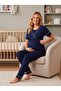 New Season Navy Blue Polka Dot Double Breasted Collar Breastfeeding-Friendly Design Short Sleeve Maternity Pajama Set - 2