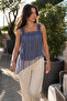 Women's Gray Straps Ruffled Hem Asymmetrical Lined Gathered Tulle Blouse Arm-26Y001086