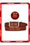 Genuine Leather, 3 cm Gold Color Rectangular Buckle, Red Brown, Stitched Classic Women's Belt, 3Cmkla50