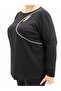 Plus Size Stone Stripe Detailed Low-Cut Long Sleeve Black Women's Blouse - 5