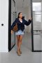 Navy Blue Drawstring Wide Collar Design Jacket - 2