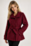 Women's Burgundy Belted Double-Breasted Double-Button Lined Cashmere Short Coat