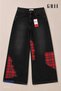 Unisex Black Plaid Detailed Wide Leg Jeans with Belt Loose Cut Denim Trousers - 3
