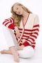 Women's V-Neck Striped Knitwear Cardigan Red Ecru Buttoned Pocketed Long Sleeve Knitted Cardigan - 4