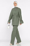 Front Zippered and Buttoned Waist Tie Jean Denim Jacket and Pants Hijab Two-Piece Set - 3