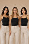 Women's 3-Piece Thin Strap Cotton Flexible Basic Undershirt Black