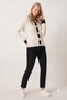 Women's Ecru Knitwear Cardigan with Black Detail, Floral Buttons, Crew Neck, Long Sleeves - 4