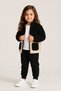 Girl's Two-Tone Black-Ecru Plush Zippered Stand Collar Pocket Winter Coat - 3