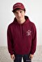 Bordo Oversize/Geniş Kesim Kapüşonlu Baskılı İçi Polar/Sıcak Tutan Sweatshirt TMNAW24SW00100 - 4