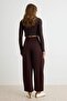 Kahverengi Düz Wide/Geniş Paça Leg Yüksek Bel Pile Detaylı Örme Pantolon TWOAW27PL00051 - 4