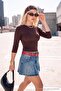 Kahverengi Fitted/Vücuda Oturan Büzgülü Truvakar Kol Crop Örme T-Shirt TWOAW27TS00050 - 3