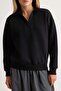 Siyah Kalın İçi Polarlı Polo V Yaka Oversize/Geniş Kesim Örme Sweatshirt TWOAW27SW00081 - 4