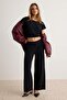 Black Plain Regular Fit Batwing Sleeve Gathered Detailed Stretch Knitted Bottom - Top Set Twoaw27Au00078