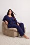 Navy Blue 3-Piece Set %100 Cotton Large Size Knitted Pajamas Set Tbbaw27Ai00046 - 3