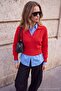 Wardrobe Essentials Kırmızı Polo Yaka Belden Oturma Detaylı Yumuşak Triko Kazak TWOAW27KZ00163 - 2