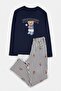 Navy Blue Regular Striped Teddy Bear Patterned Knitted Pajama Set Tmnaw27Pt00053 - 4