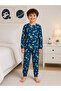 Boys' 100% Cotton Combed Fabric Navy Blue Space Rocket Patterned Long Sleeve Transitional Pajama Set - 6
