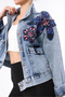 Women's Designer Denim Jacket with Flowers Pattern, Stone Beads, Sequin Embroidery Detail, Blue Oversize Fit Bomber Coat, Limited Edition - 3