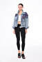 Women's Designer Denim Jacket with Flowers Pattern, Stone Beads, Sequin Embroidery Detail, Blue Oversize Fit Bomber Coat, Limited Edition - 9