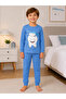 Boy's 100% Cotton Blue Color Tooth and Brush Patterned Long Sleeve Winter Interlock Pajama Set