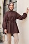 Round Neck Lace up Waist Balloon Sleeve Tunic - Brown