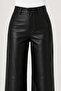 Black Relaxed Straight Leg Leather Pants with Stitching Detail - 3