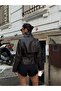 Women's Stand Collar Belted Faux Leather Jacket Double Breasted Buttoned Short Trench Coat - 5