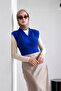 Double Breasted Model Sandy Blouse with Zero Sleeves -Cobalt Blue - 4