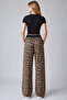 Women's Beige Double Pocket Leopard Patterned Spanish Flare Trousers - 6