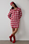 Red Good Mood Plaid Long Sleeve Buttoned Cotton Shirt Nightgown - 3