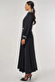 Draped Embroidered Satin Dress Black - 3